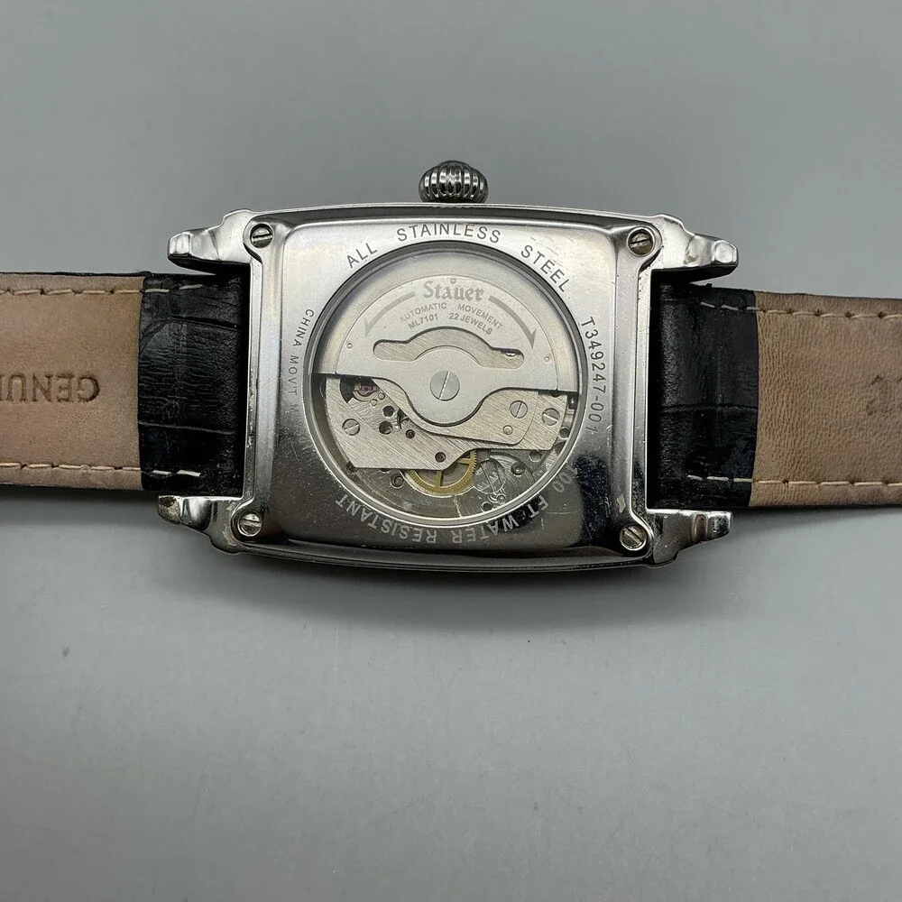 Stauer Mens Watch 35mm White Dial Black Leather Automatic Moon Phase For Parts